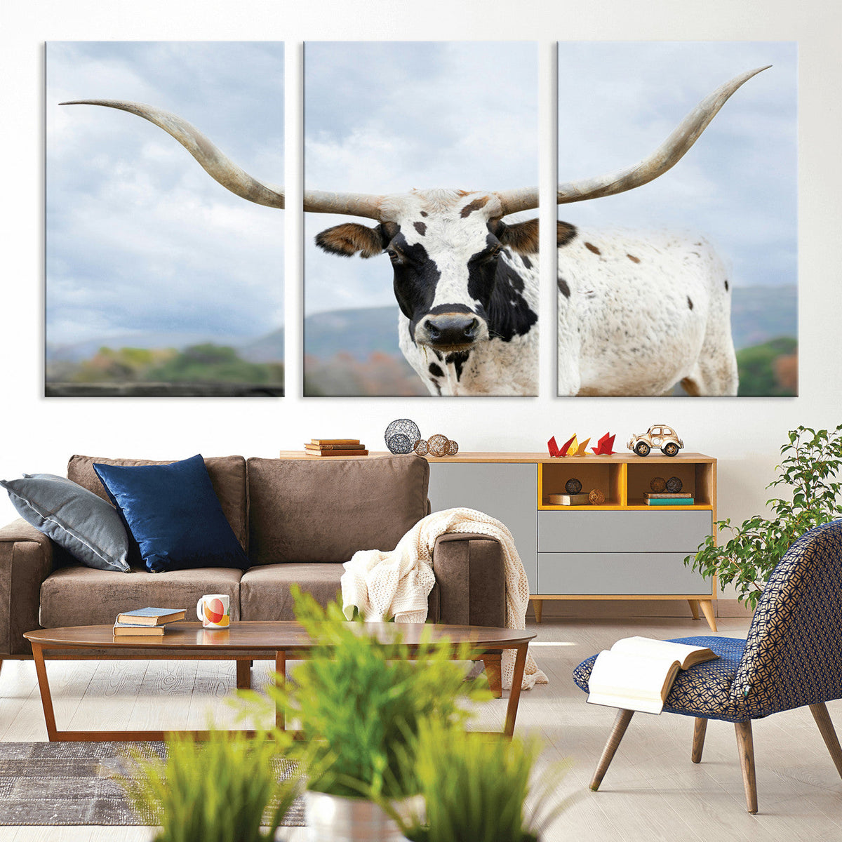 Texas Longhorn Wall Art Canvas Print, Framed Western Rustic Farmhouse