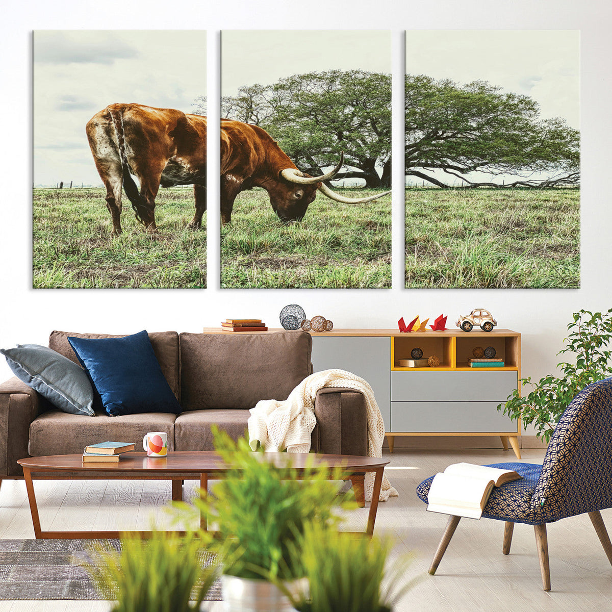 Texas Longhorn Wall Art Canvas Print, Rustic Western Ranch