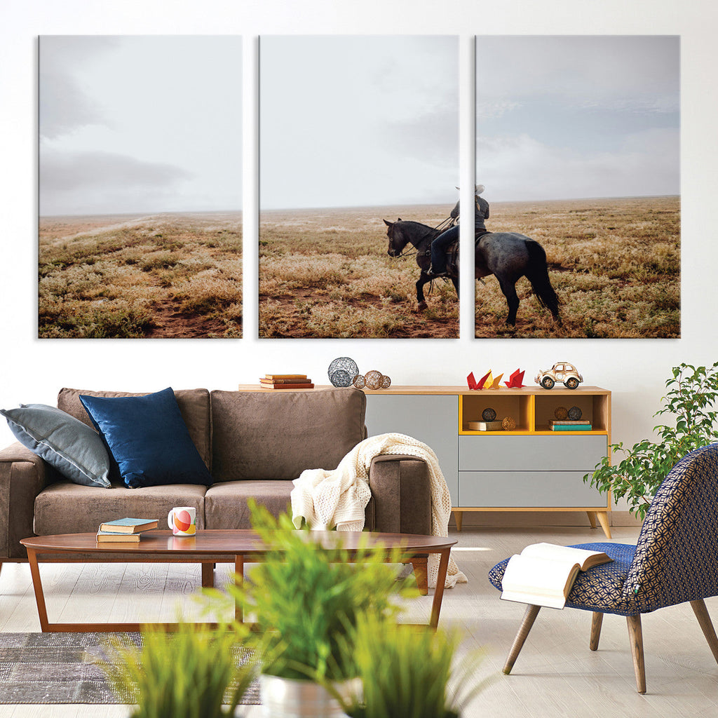 Cowboy Wall Art Canvas Print, Framed Western Rustic Ranch Scene