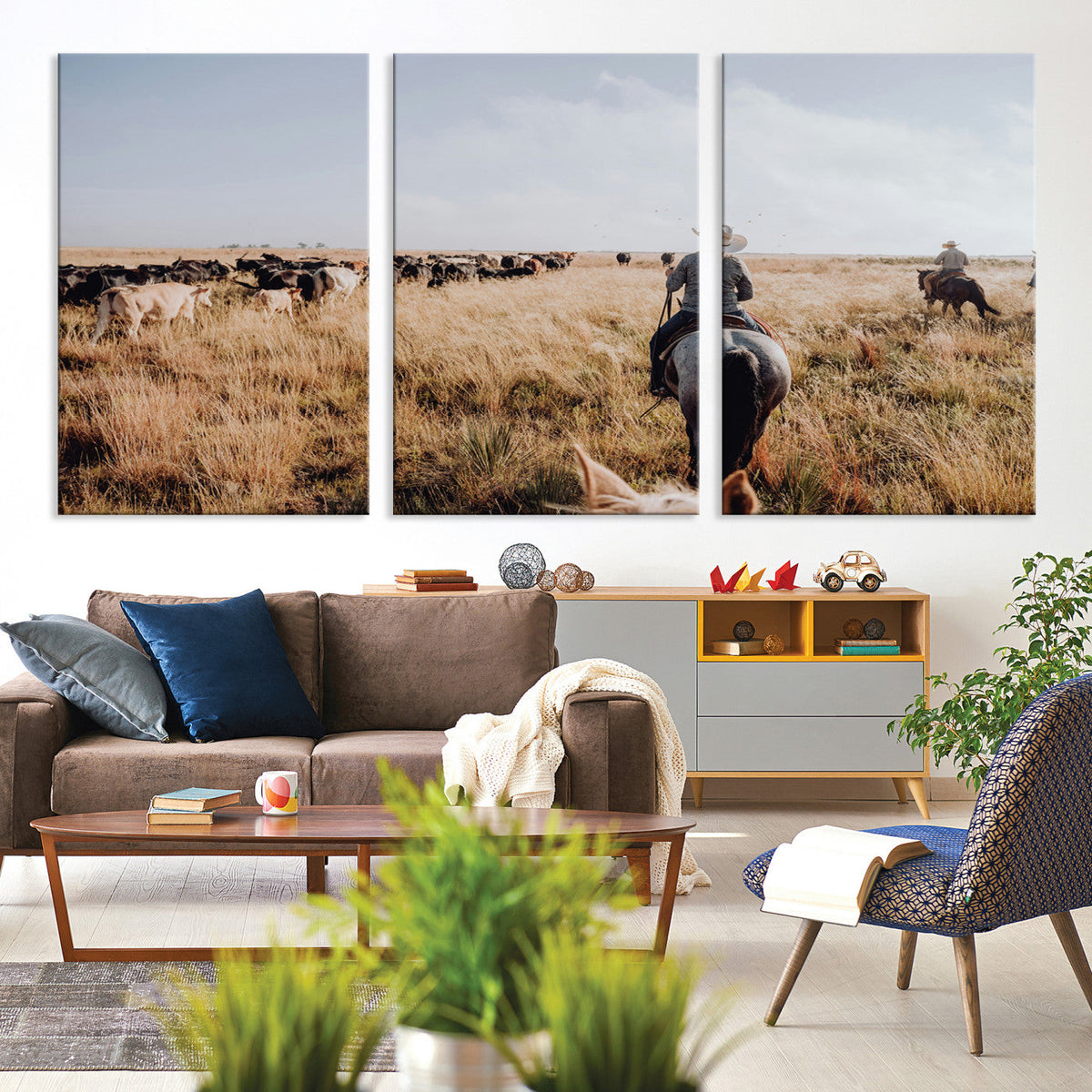Western Wall Art Canvas Print, Framed Cowboy Cattle Drive Scene