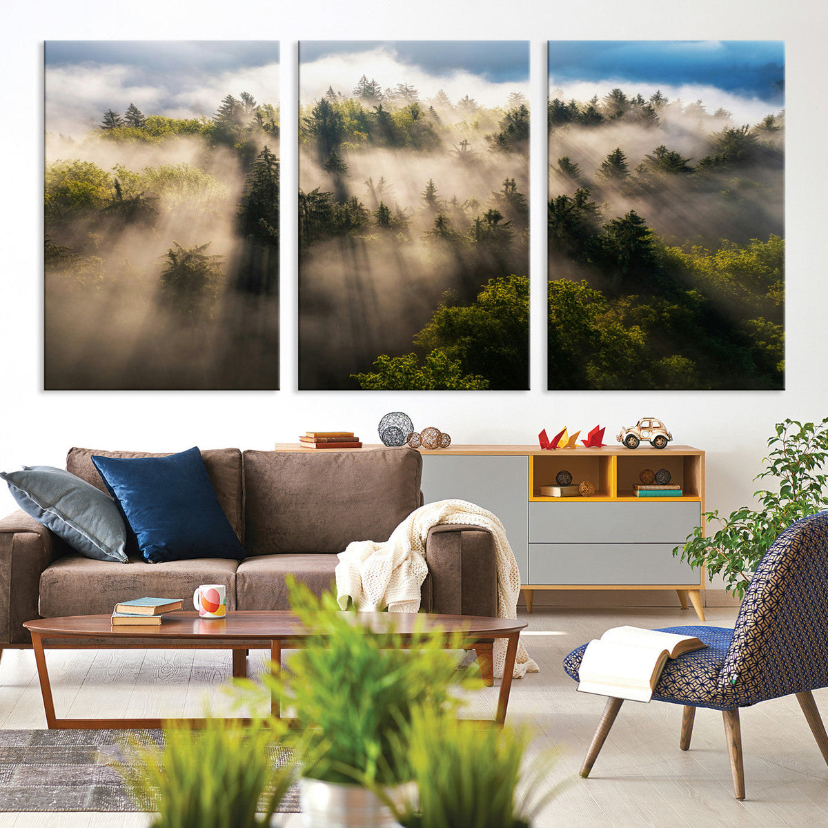 Tranquil Forest Scene Wall Art Canvas Print, Framed Moody Sunbeam Through Trees