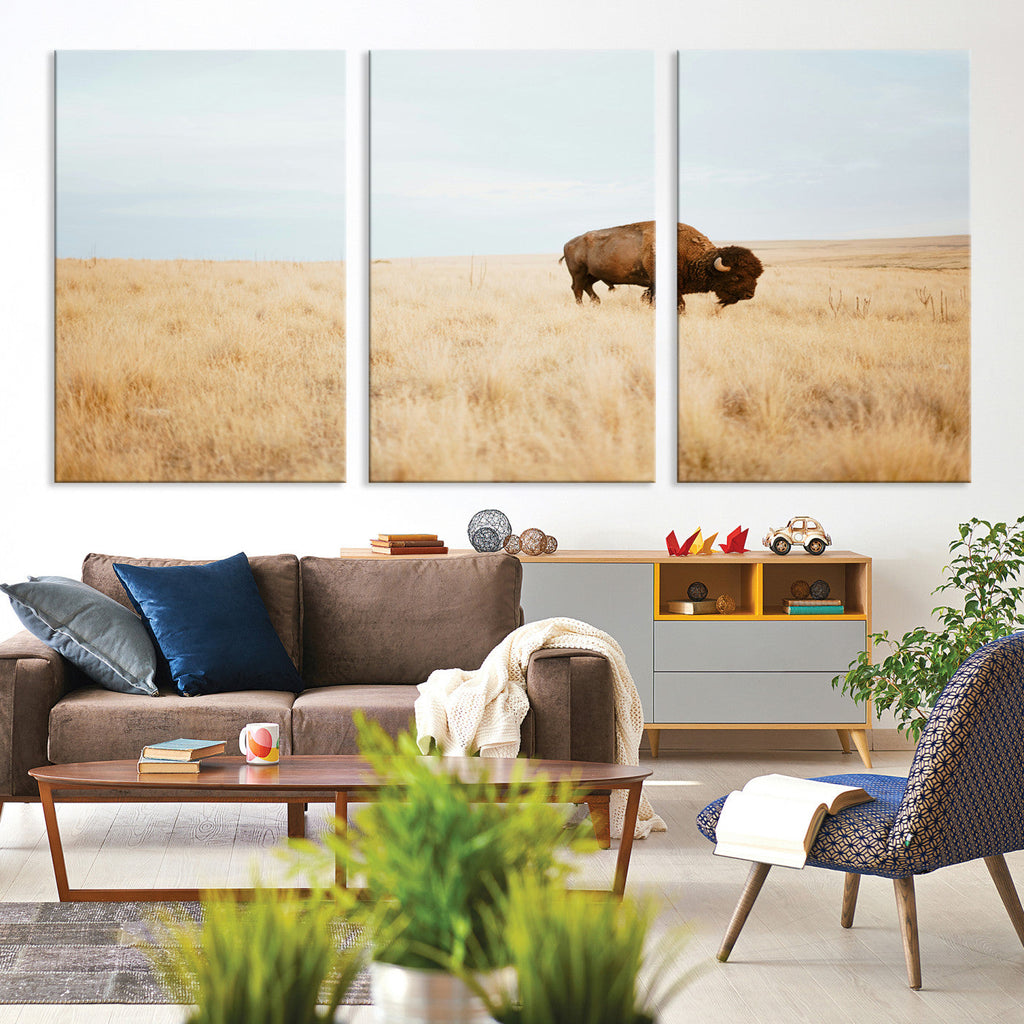 Buffalo Wall Art Canvas Print, Framed Western Wildlife Rustic Prairie Scene