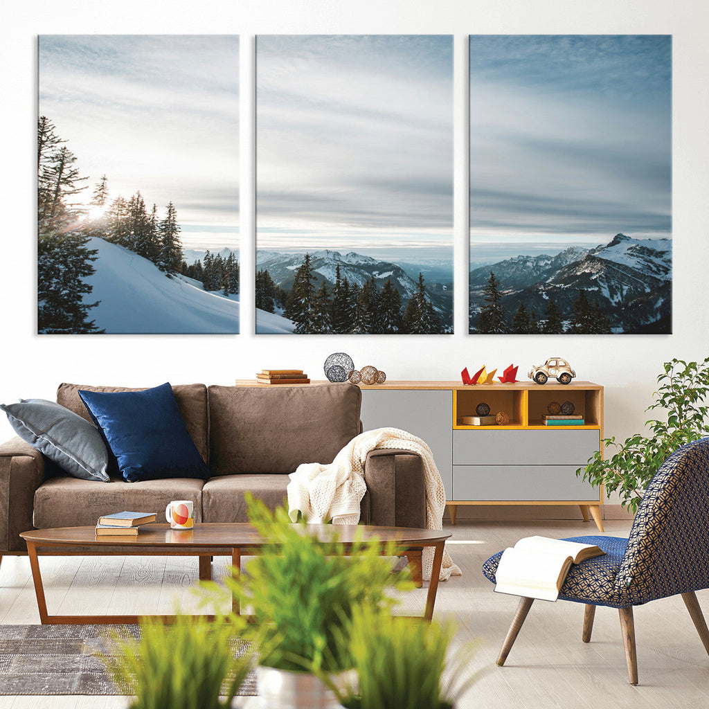 Snowy Mountains Wall Art Canvas Print, Framed Alpine Landscape Frosty Peaks Artwork