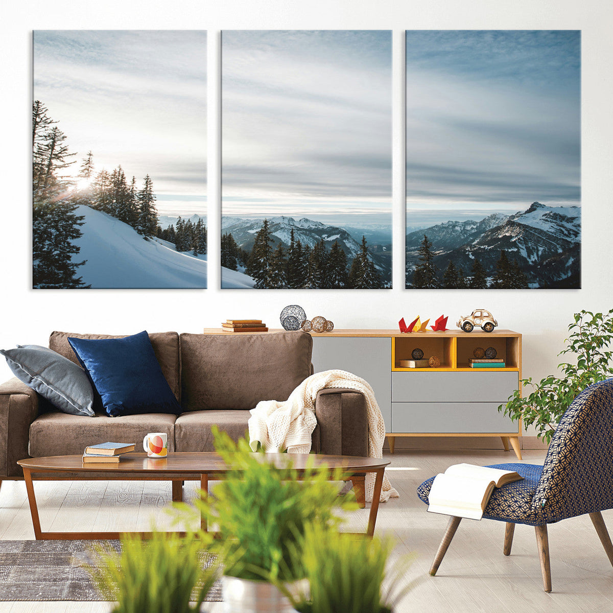 Snowy Mountains Wall Art Canvas Print, Framed Alpine Landscape Frosty Peaks Artwork