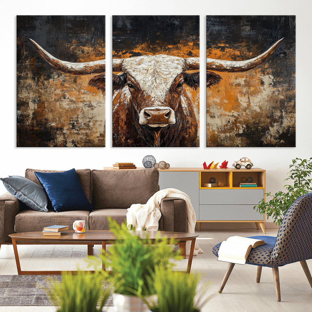 Abstract Longhorn Bull Wall Art Canvas Print, Vintage Western Texas Steer Artwork