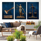 Lady Justice Wall Art Canvas Print, Elegant Gold Legal Symbols on Blue, Law Office Decor