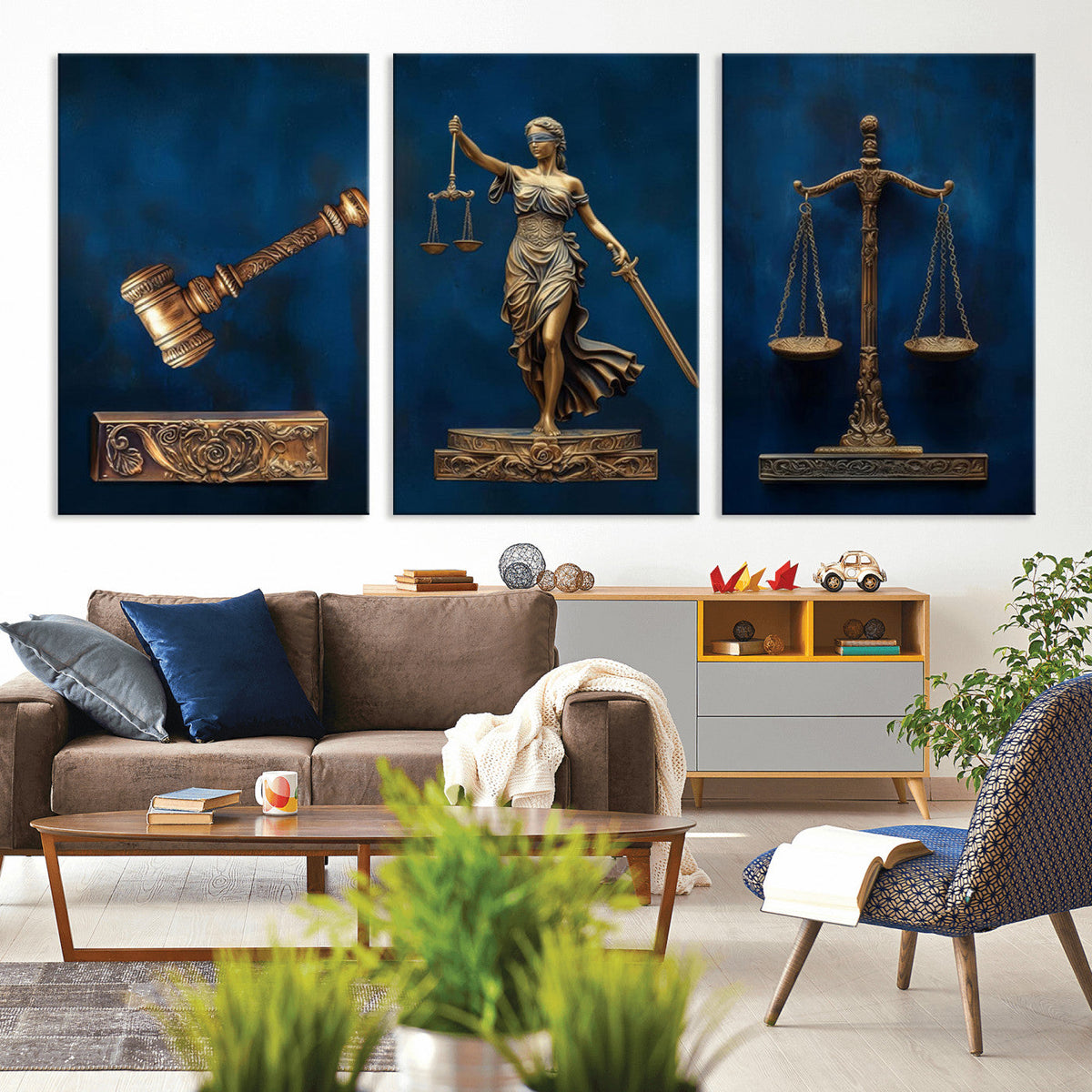 Lady Justice Wall Art Canvas Print, Elegant Gold Legal Symbols on Blue, Law Office Decor