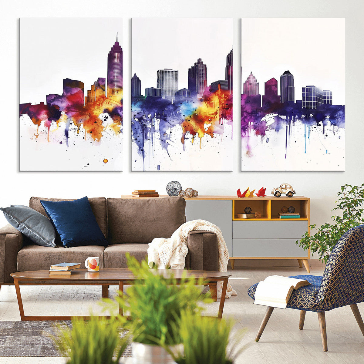 Atlanta Skyline Wall Art Canvas Print, Framed Colorful Watercolor Cityscape