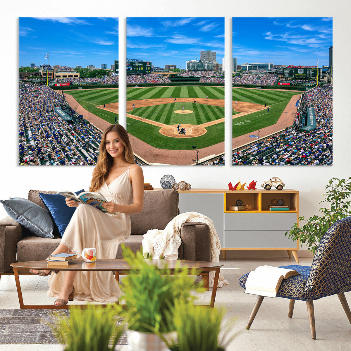 Wrigley Field Baseball Stadium Canvas Wall Art, Packed Crowd and Chicago Skyline
