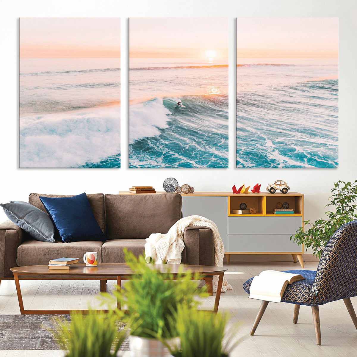 Sunset Surfing Wall Art Canvas Print, Ocean Wave Surfer with Golden Sky