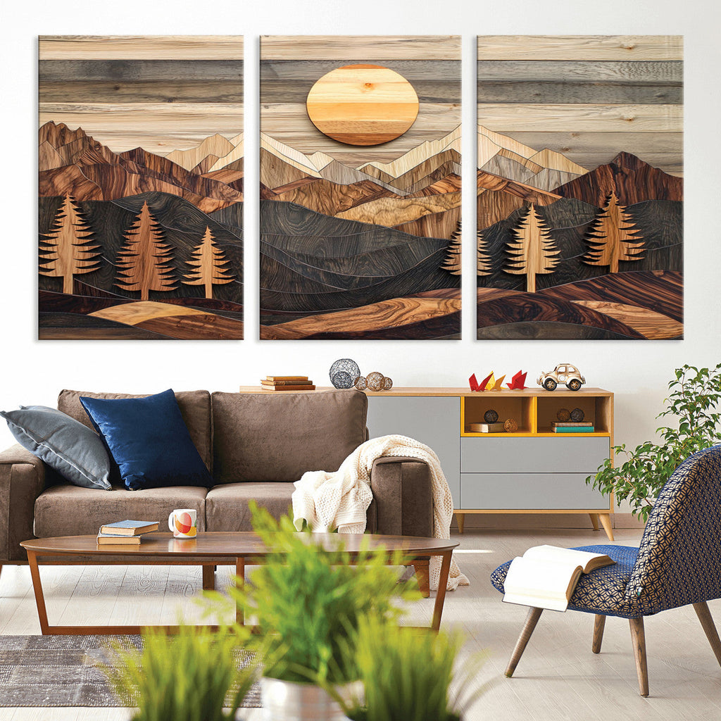 Wooden Mountain Layers Art | Rustic Pine Tree Landscape