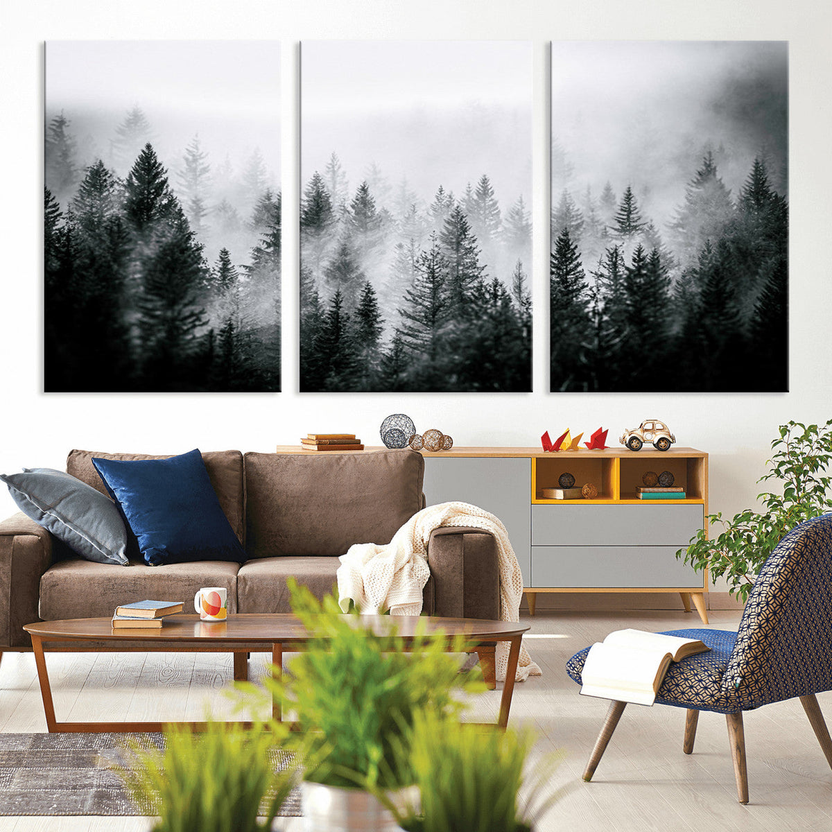 Foggy Forest Wall Art Canvas Print, Mountain Woodland Landscape, Minimal Nature Decor