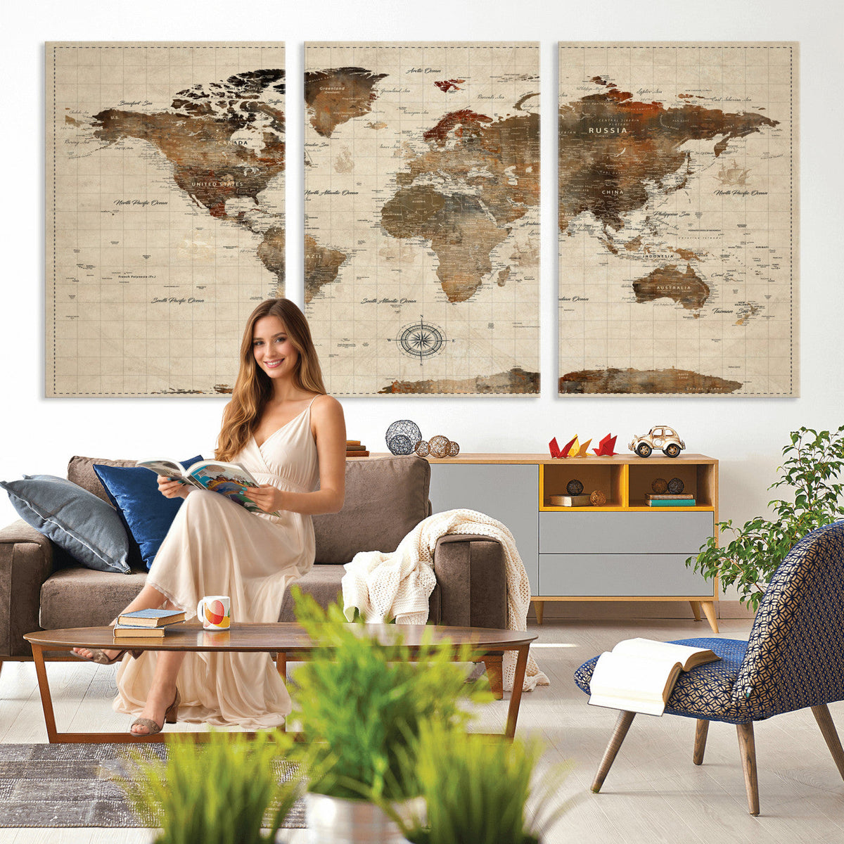 Vintage World Map Wall Art Canvas Print for Living Room, Office and Study