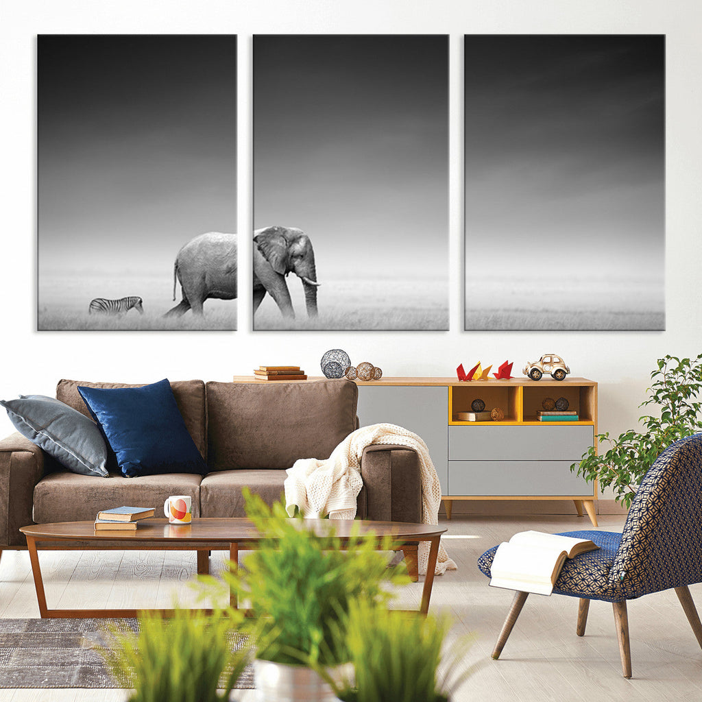 Elephant and Zebra Wall Art Canvas Print, Modern Artwork