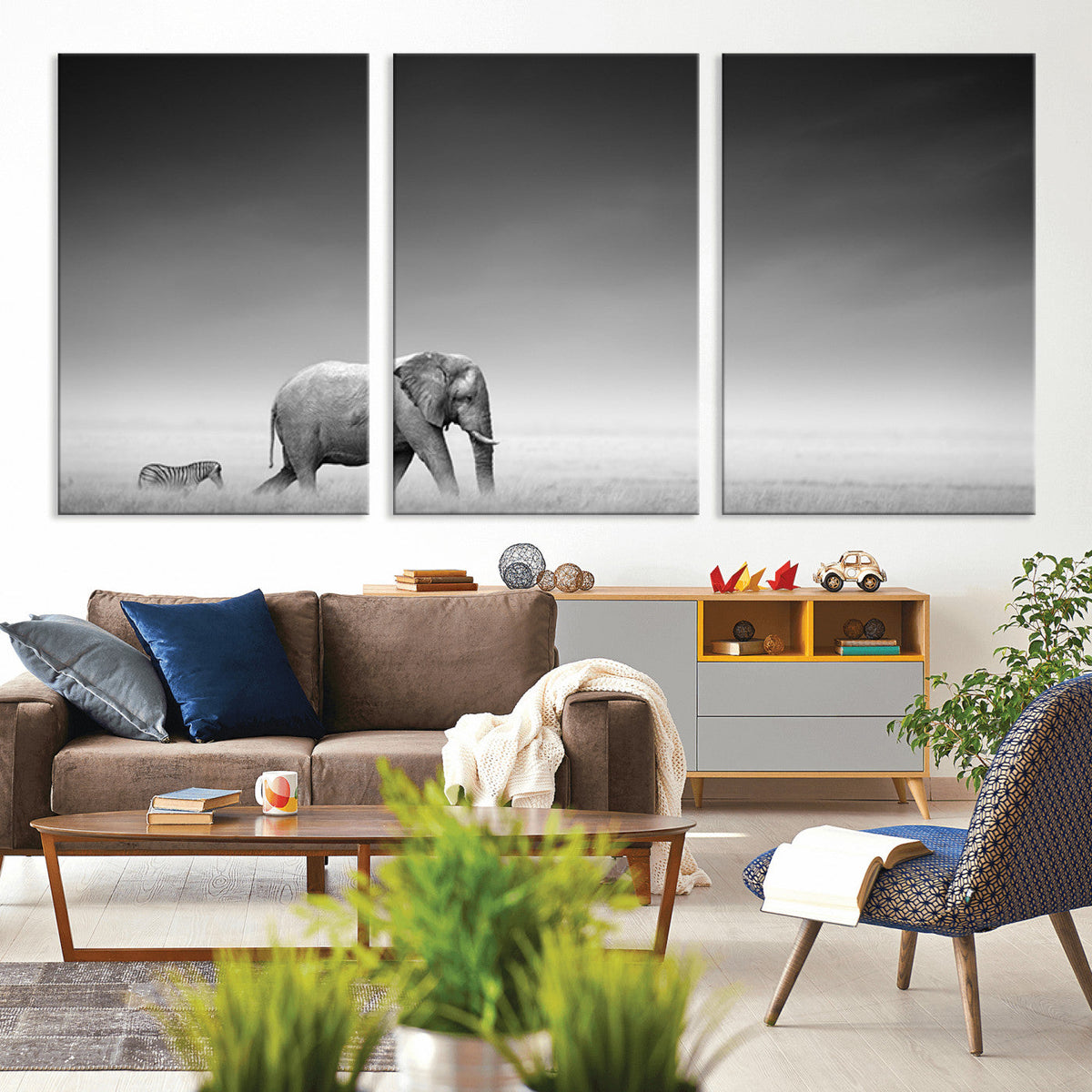 Elephant and Zebra Wall Art Canvas Print, Modern Artwork