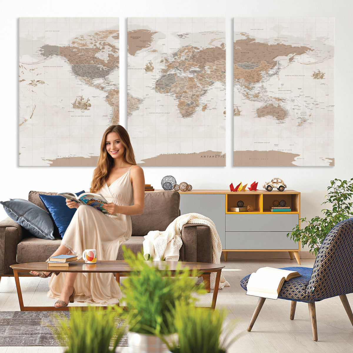 Framed Large World Map Canvas Print for Office Decor