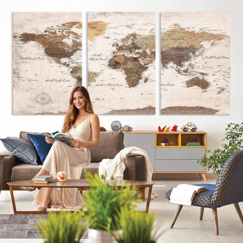 Modern World Map Canvas Print | Framed Travel Map Wall Art