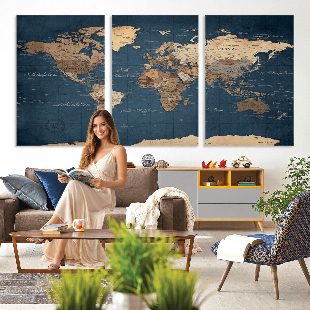 Navy Blue World Map Canvas Print | Framed Travel Map Wall Art