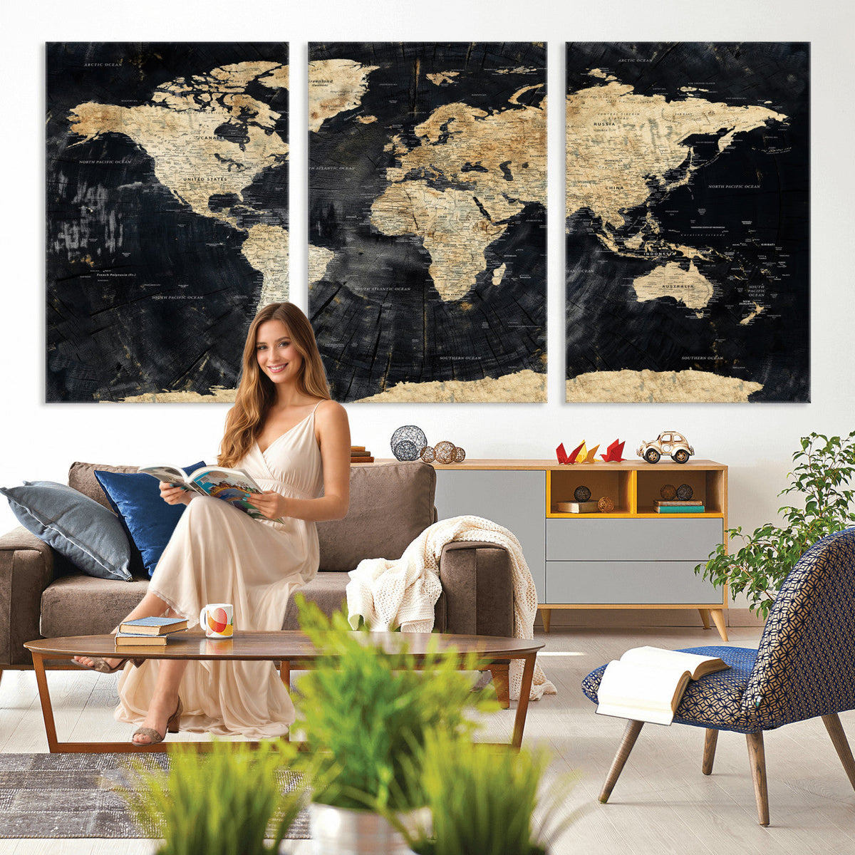 Framed Large World Map Wall Art Canvas Print for Living Room