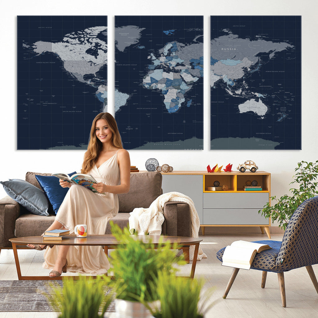 Blue Detailed World Map Wall Art Canvas Print | Modern Framed Map