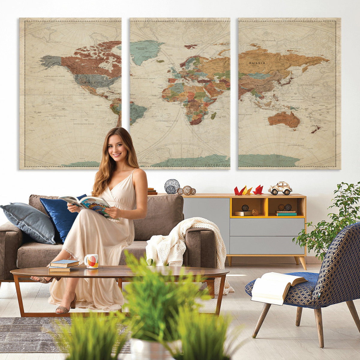 Vintage World Map Canvas Wall Art Print | Framed Modern World Map