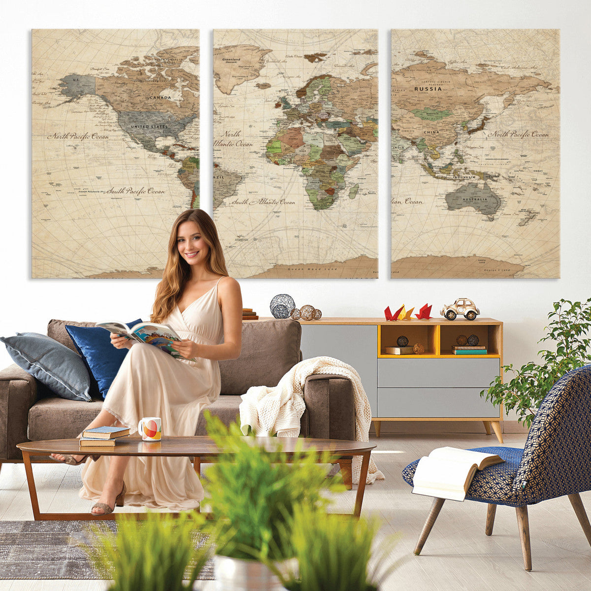 Framed World Map Wall Art for Home and Office Decor