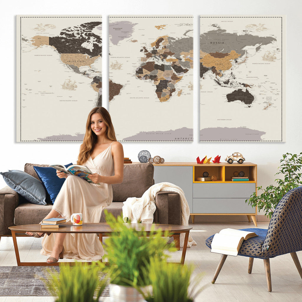 Custom Beige Modern Push Pin World Map Canvas Print, Places Visited Tracker, Bedroom and Study Decor