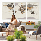 Custom Beige Modern Push Pin World Map Canvas Print, Places Visited Tracker, Bedroom and Study Decor
