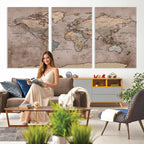 Grunge World Map Canvas Wall Art - Vintage Aged World Map with Golden Tones