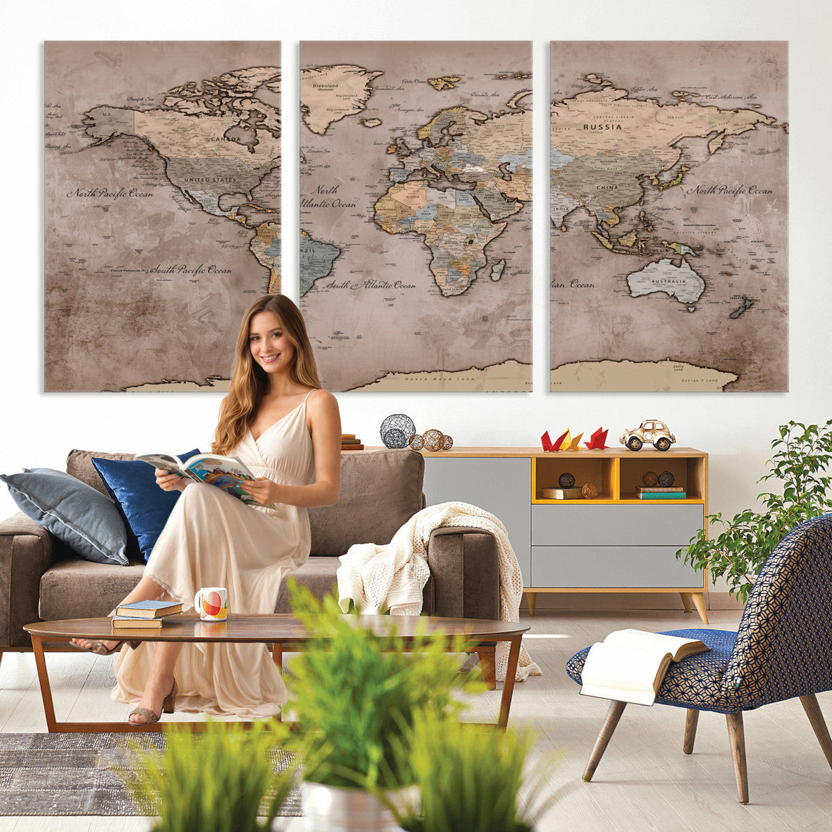 Grunge World Map Canvas Wall Art - Vintage Aged World Map with Golden Tones