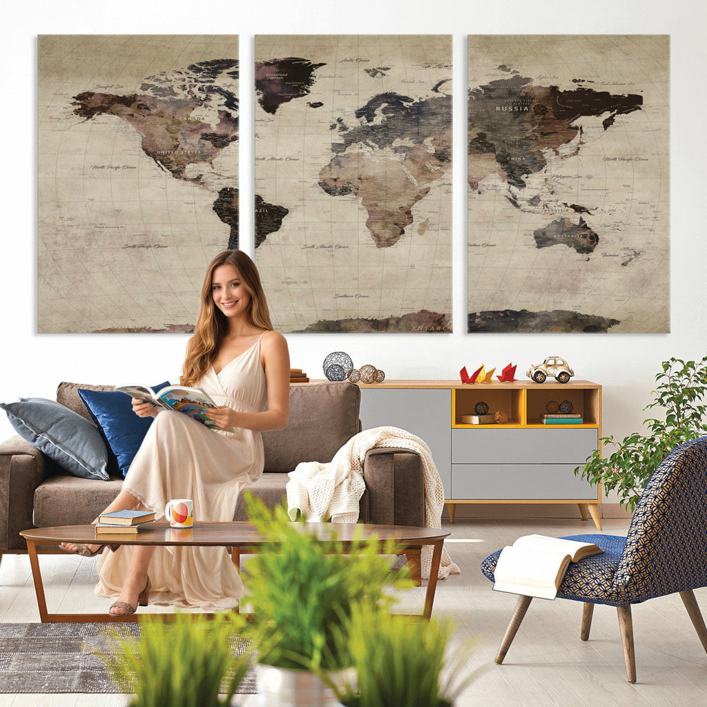 World Map Canvas Print, Detailed Map of the World, Adventure Gift for Couples and Anniversaries