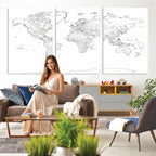 World Map Canvas Print, Framed Modern Detailed Map of the World for Home or Office