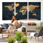 Vintage World Map Canvas Wall Art | Detailed Map with Countries, Oceans and Continents