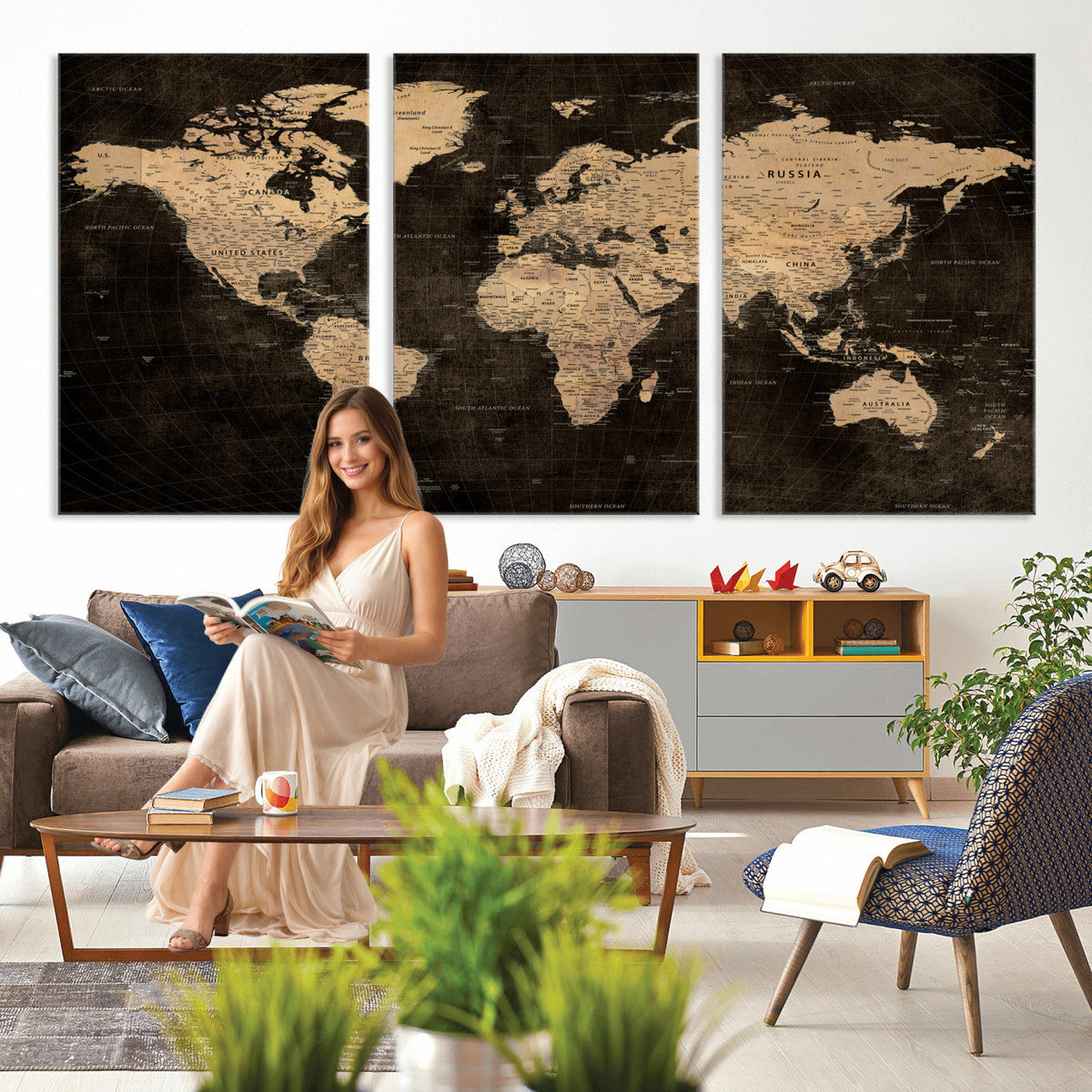 Brown World Map Canvas Print | Modern Travel Map Wall Art
