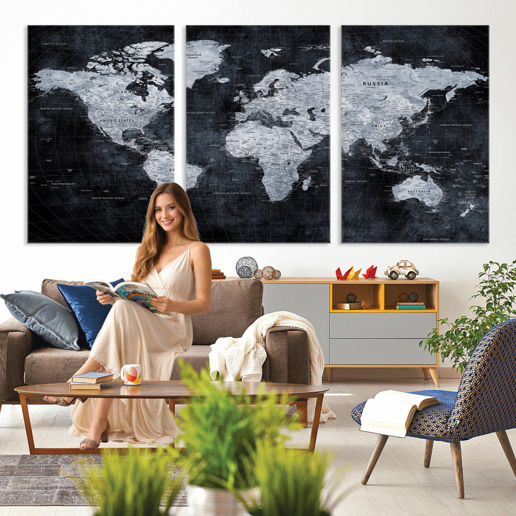 Black World Map Canvas Print | Detailed Map for Couples and Anniversary Gift