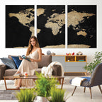 Beige World Map Canvas Wall Art Print, Minimal Black and Beige Map