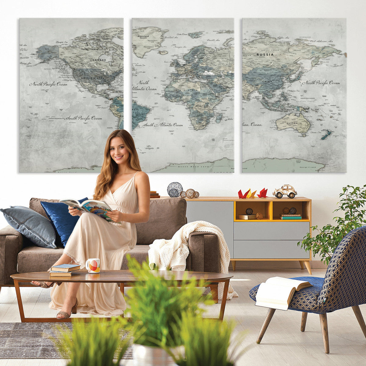 Neutral Vintage World Map Canvas Wall Art Print, Classic Map Artwork