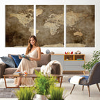 Dark Vintage World Map Canvas Wall Art Print, Antique Map Artwork
