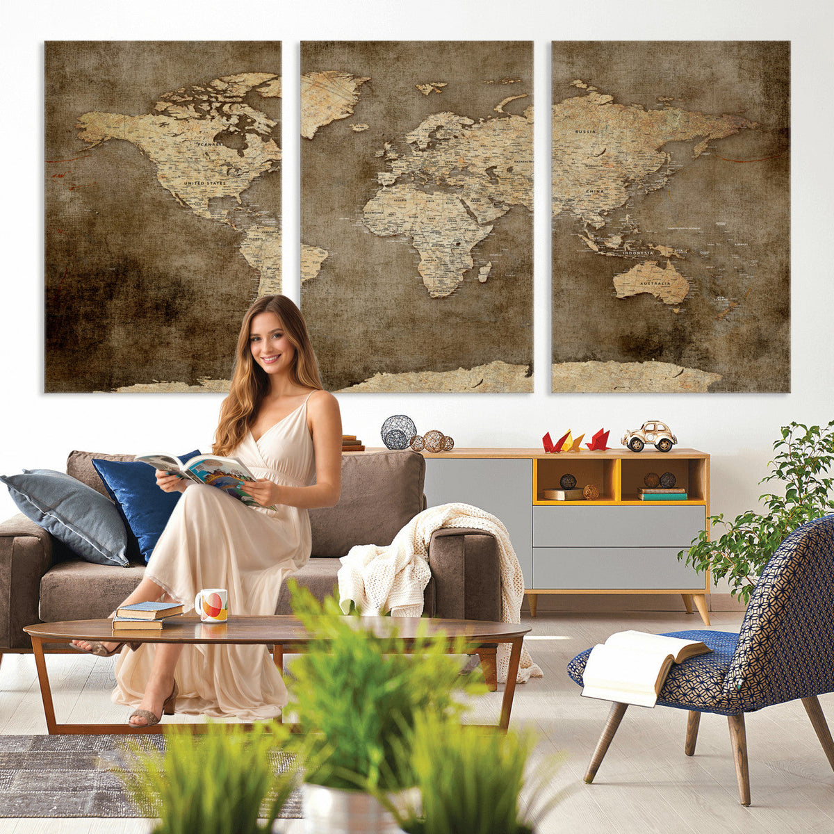 Dark Vintage World Map Canvas Wall Art Print, Antique Map Artwork