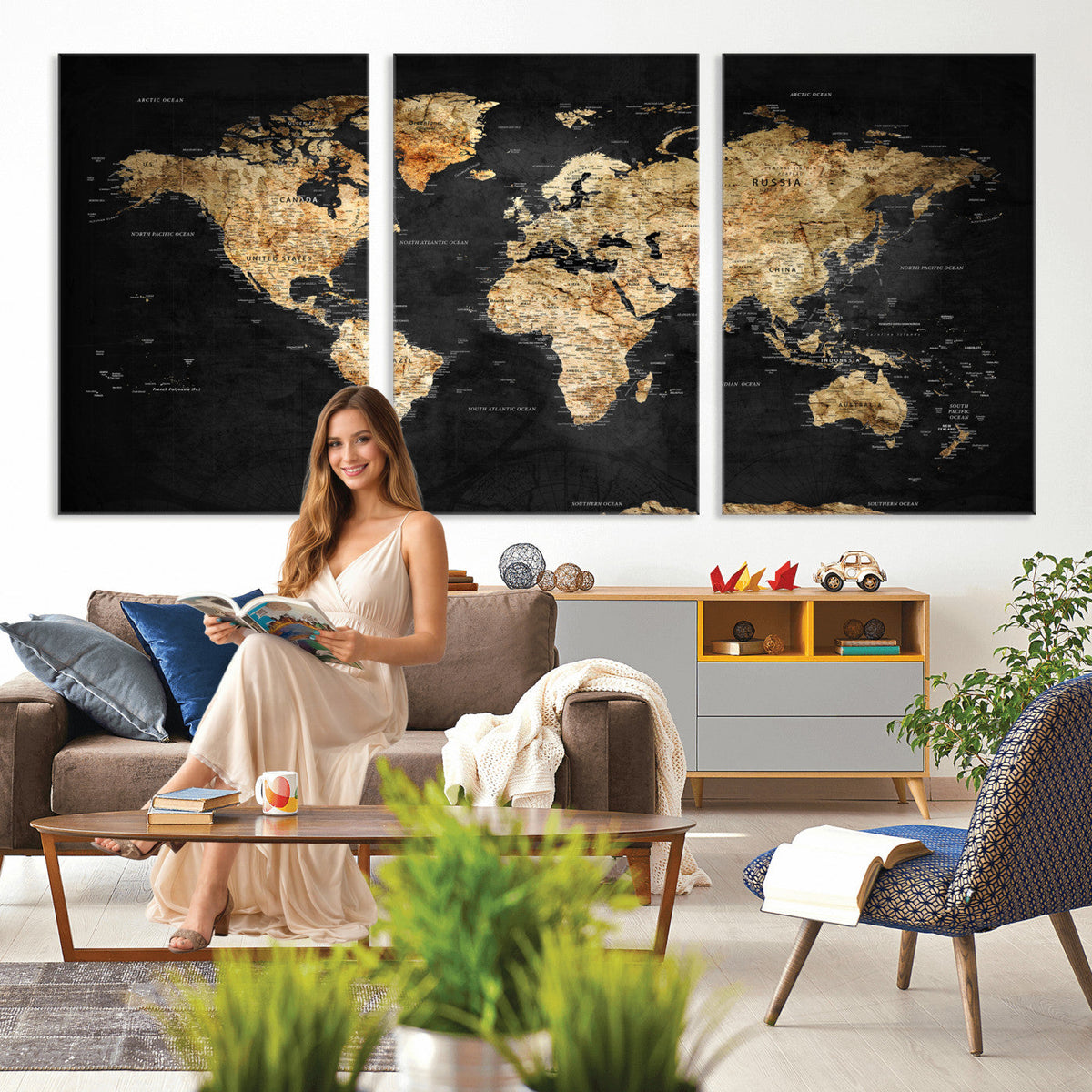 World Map Canvas Wall Art with Famous Landmarks | Framed Travel Map