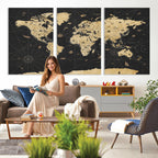 Vintage Blue and Brown World Map Canvas Wall Art | Framed Rustic Map Print