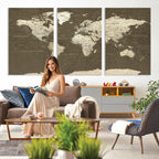 Vintage World Map Canvas Print | Framed Travel Map Wall Art for Couples