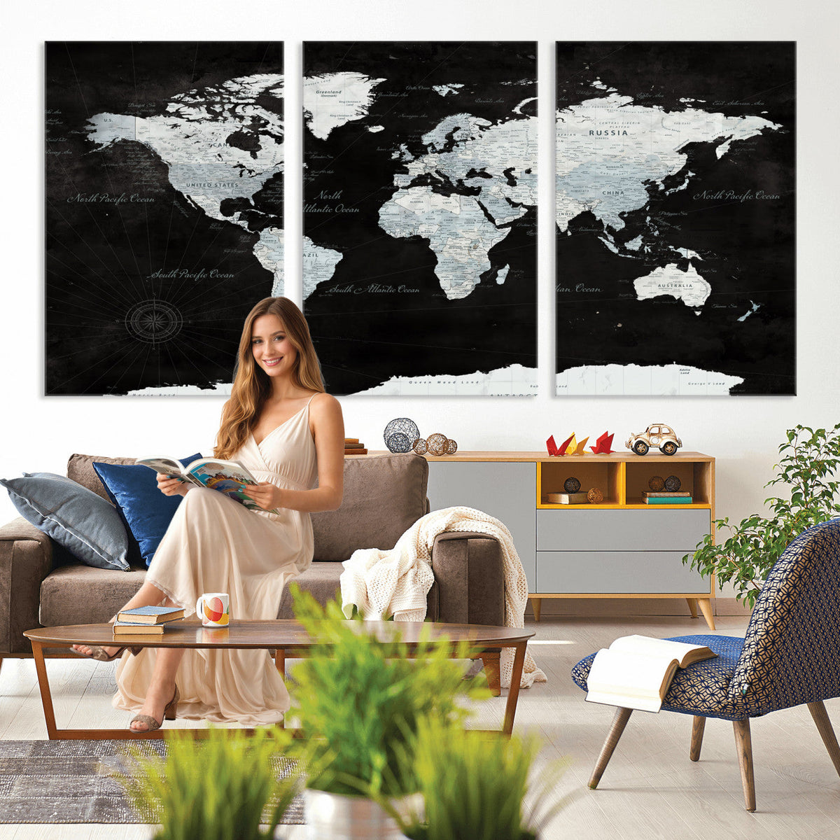 World Map Canvas Print | Framed Push Pin Wall Art, Color Splash Travel Map