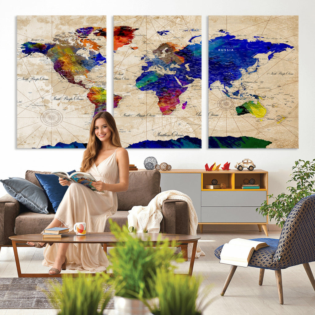 Watercolor World Map Canvas Print | Framed Wall Art for Couples