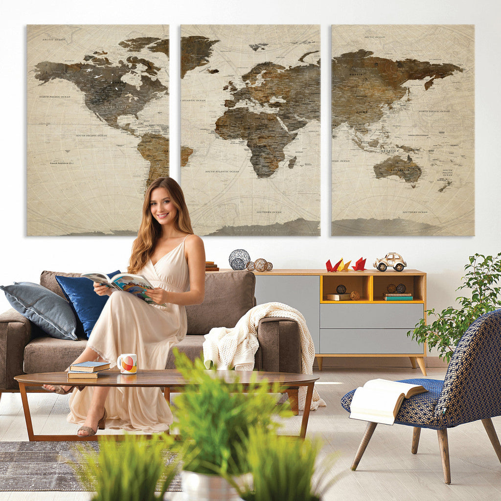 Vintage World Map Canvas Wall Art | Framed Antique Style Travel Map