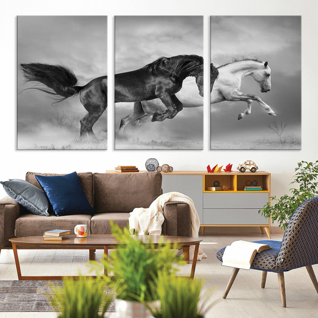 Wild Horses Wall Art Canvas Print, Framed Black and White Galloping Horses