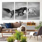 Wild Horses Wall Art Canvas Print, Framed Black and White Galloping Horses