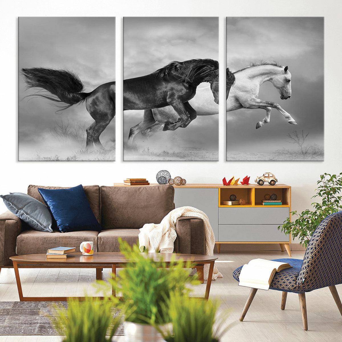 Wild Horses Wall Art Canvas Print, Framed Black and White Galloping Horses