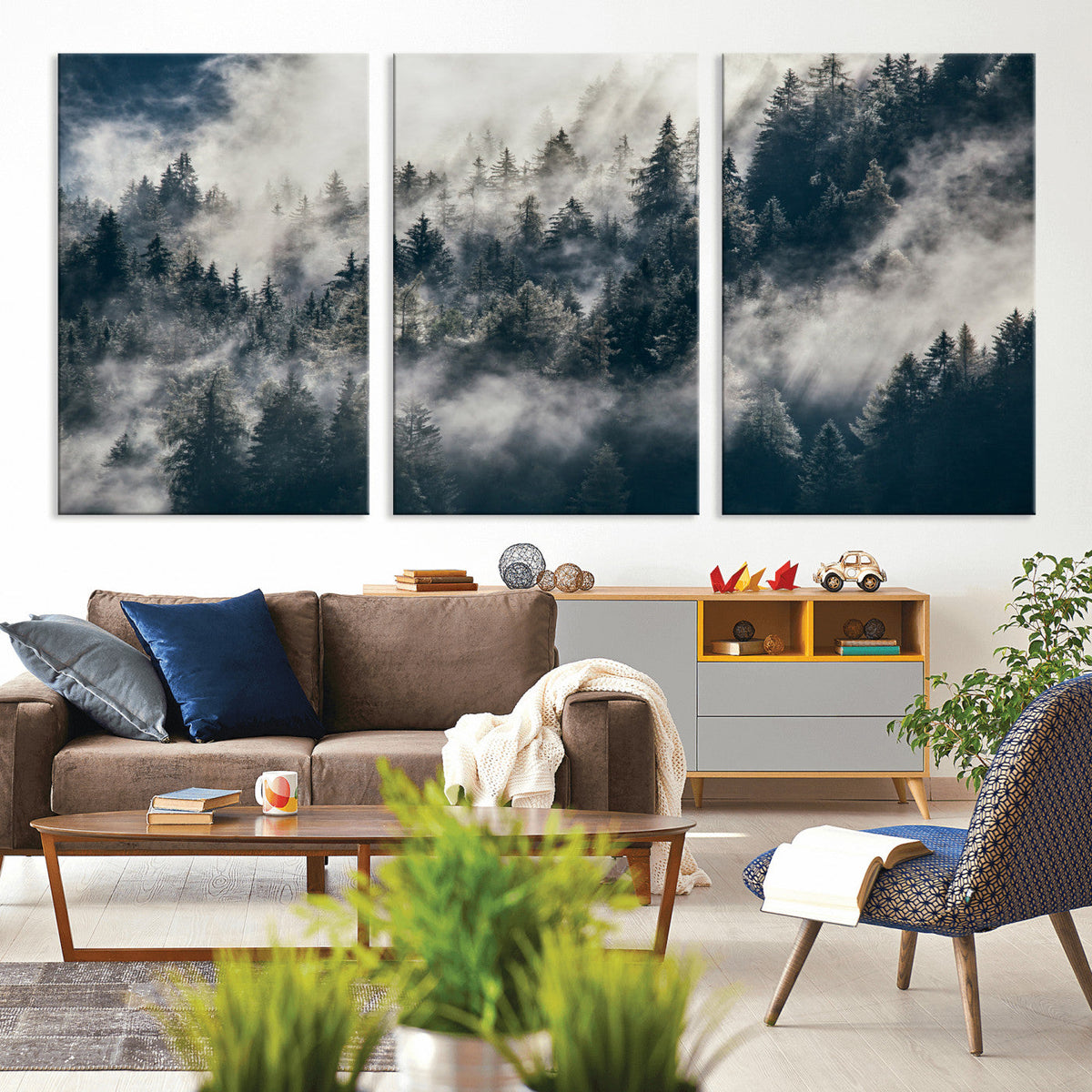 Foggy Mountain Forest Canvas Print, Misty Pine Trees Nature Wall Art