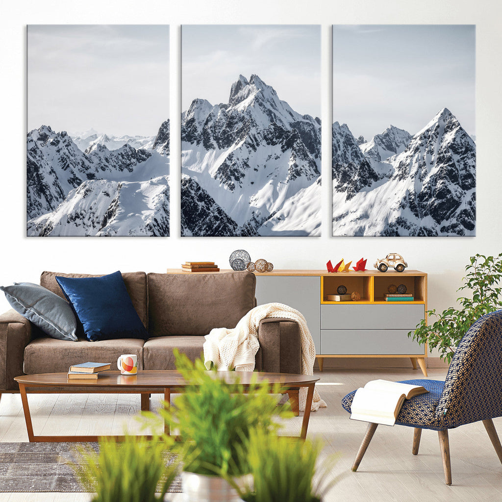Snowy Mountain Range Canvas Print, Alpine Peaks Landscape Wall Art